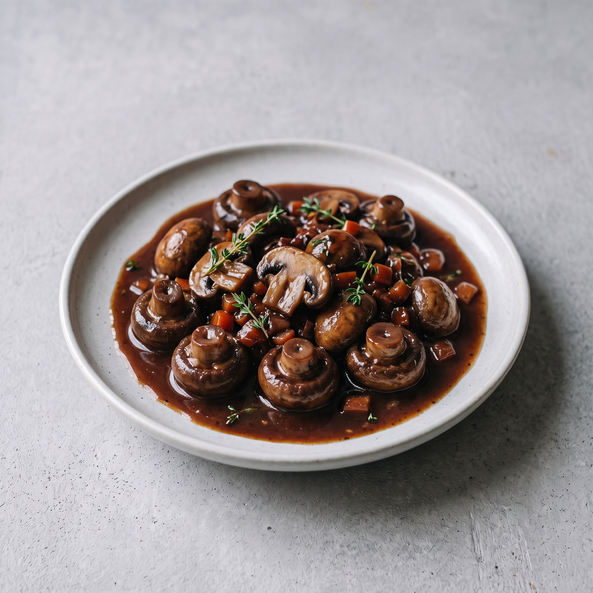 Champignons gestoofd in een rodewijnsaus met wortel en tijm
