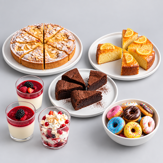 An assortment of sweet treats arranged on a light gray surface: a sliced almond cake with powdered sugar, orange-glazed cake slices, chocolate cake pieces, two glasses of berry and cream dessert, and a bowl of colorful donuts, with a spoon on a neutral background.