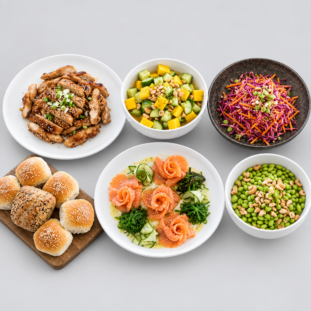 Lunchbar oosters, kip terriyaki, komkommer, mango, zalm, wakamé en edamame. 